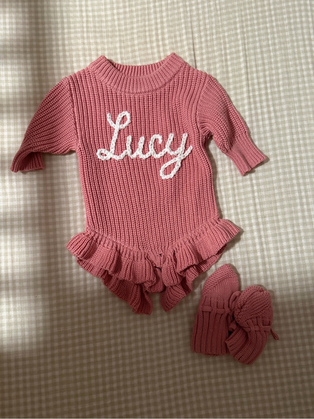 Pink Knit Ruffle Baby One-Piece Bodysuit with 'Lucy' Script